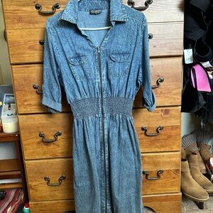 Blue Washed Denim Button-Up Shirt with Floral Logo Tag